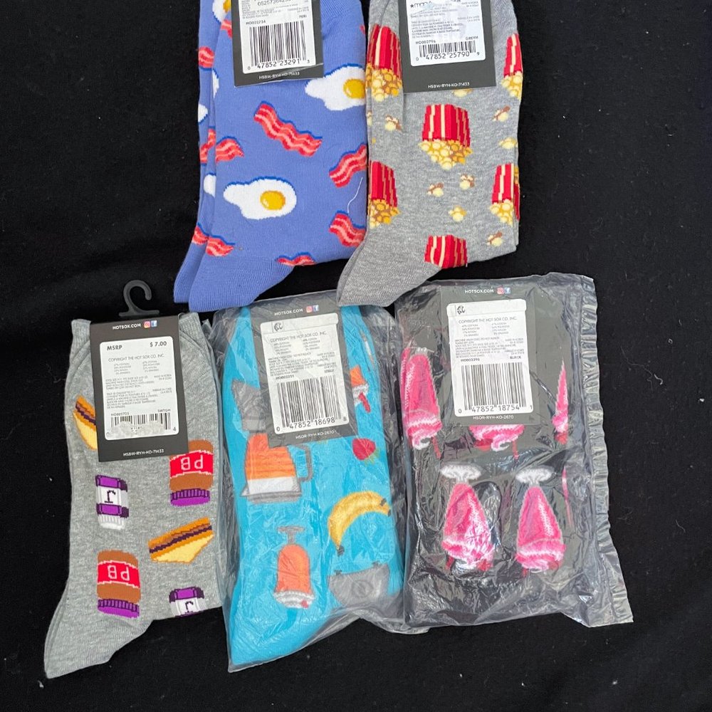 NEW Hot Sox Womens Lot Fun Food Theme 5 Pr Socks PBJ Sandwich Popcorn Egg Bacon - Picture 2 of 7